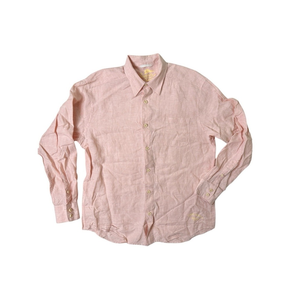 Tommy Bahama‎ 100% Linen Shirt Mens L Pink Long Sleeve Preppy Relaxed Fit